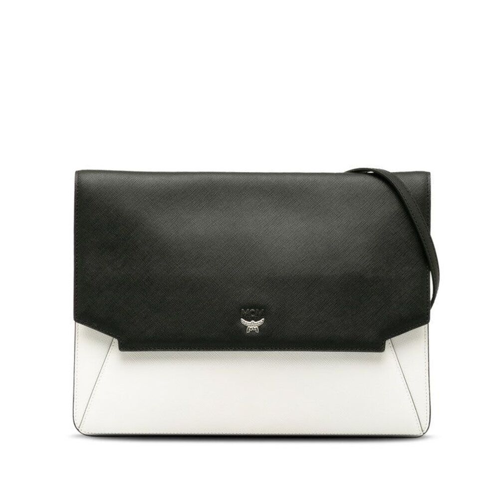 MCM Leather Flat Shoulder Bag Black White